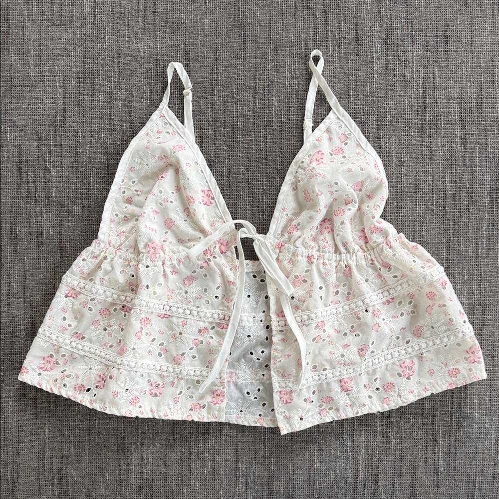 SHEIN White and Pink Floral Eyelet Top